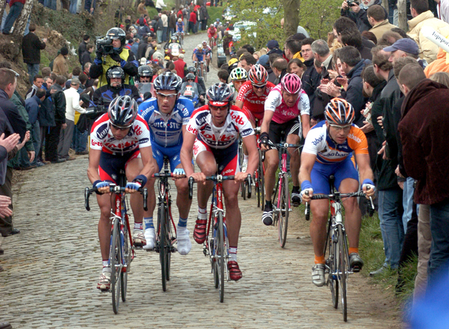 The bunch climbs the Old Kwaremont