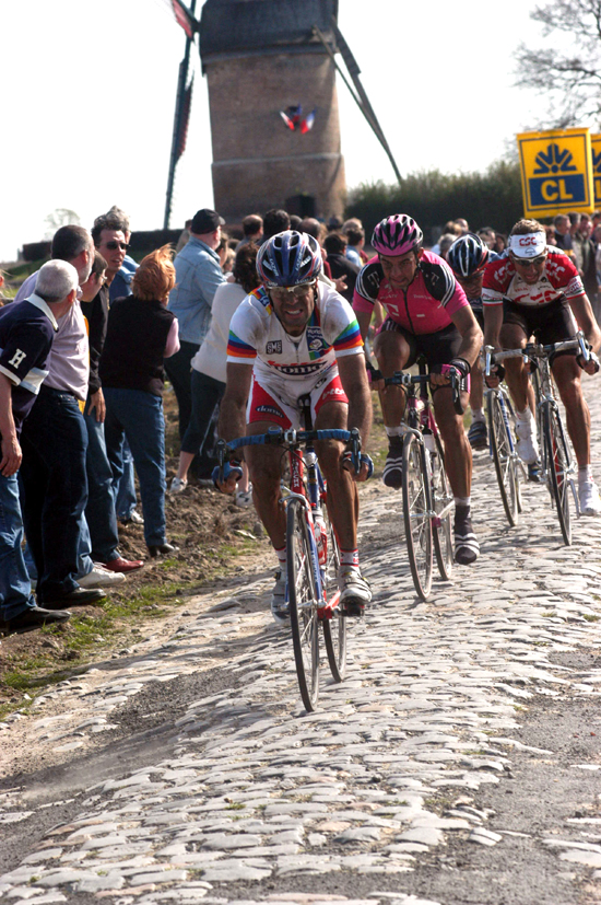 Peter van Petegem leads over the cobbles