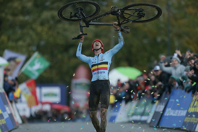 Winner Michael Vanthourenhout celebrates his solo win.