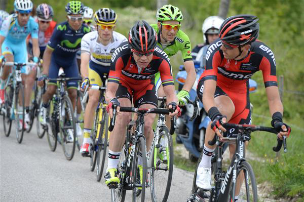 Steve Morabito leads Cadel Evans up the final climb