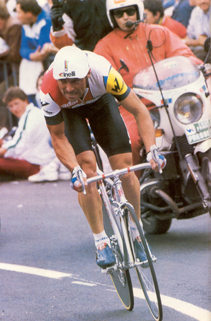 Bernard Hinault riding to victory in the prologue of the 1985 Tour de France